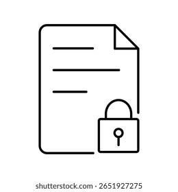 Document icon with text lines and padlock symbol. Data encryption and file privacy protection concept