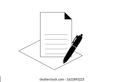 Document icon with a white background. This document icon was created in black and white colour. Besides the document icon, there is also a pen logo. This pen logo becomes a unity in the document icon