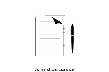 Document icon with a white background. This document icon was created in black and white colour. Besides the document icon, there is also a pen logo. This pen logo becomes a unity in the document icon