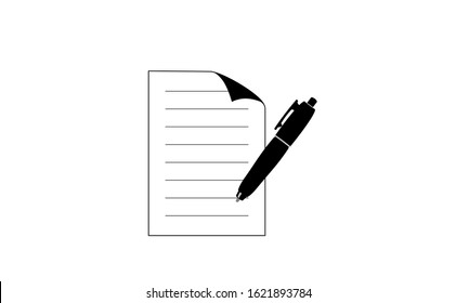 Document icon with a white background. This documents icon was created in black and white. Besides the documents icon, there is also a pen logo. This pen logo becomes a unity in the documents icon.