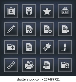 Document icons with buttons on black background.