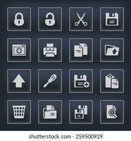 Document icons with buttons on black background.