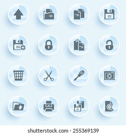 Document icons with buttons on blue background.