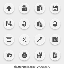 Document icons with buttons on gray background.