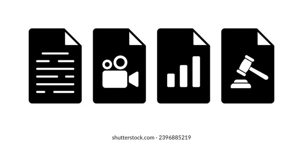 Iconos de documentos con cámara, gráfico, gavel de corte. Lineal, documentos con cámara, horario, gavel del juez. Iconos del vector