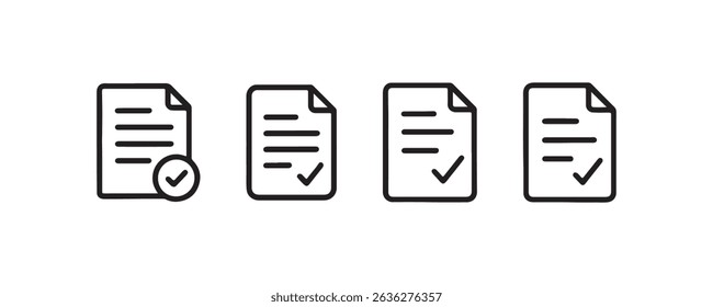 Dokumentsymbole mit Häkchen in minimalistischer schwarzer Umrissgestaltung.