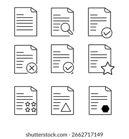 Iconos de documentos con marcas de verificación y símbolos en papel lista de verificación