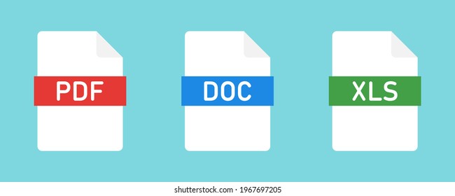 Document icons. Collection of file type icons. File formats. DOC, PDF, XLS