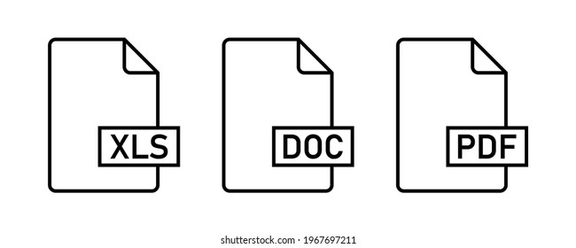 Document icons. Collection of file type icons. File formats. DOC, PDF, XLS