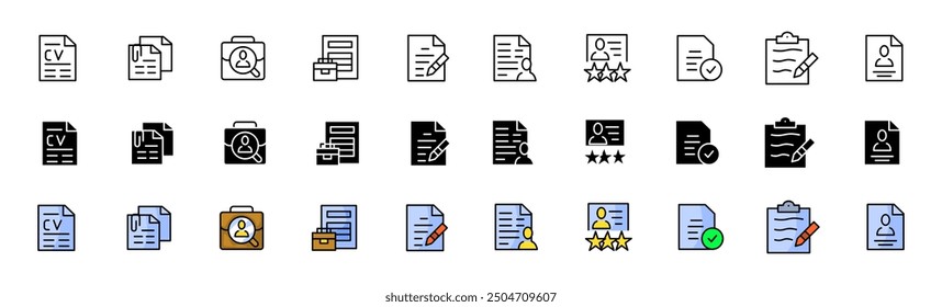 Sammlung von Dokumentsymbolen. Linear, Silhouette und flacher Stil. Vektorsymbole. Vektorsymbole.
