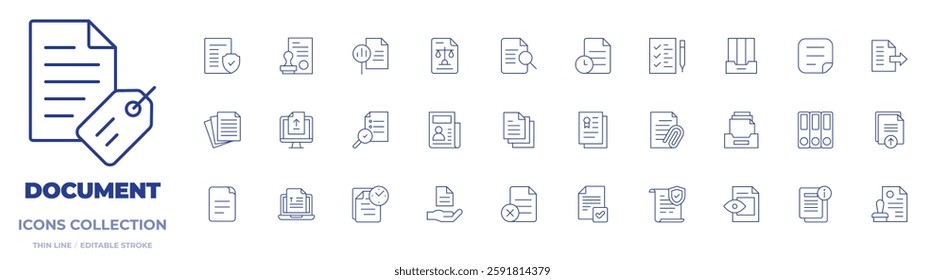 Document icons collection. Thin Line icons, editable stroke. paper, preview, folder, stamp, file, upload, document, text, official documents, legal document.