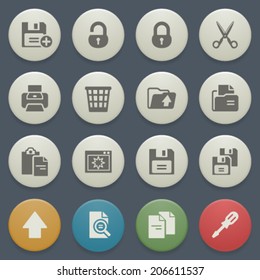 Document icons with color buttons on blue background.