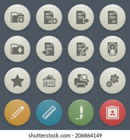 Document icons with color buttons on blue background.
