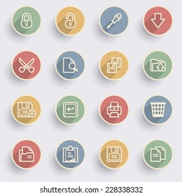 Document icons with color buttons on gray background.