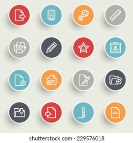 Document icons with color buttons on gray background.