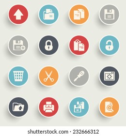 Document icons with color buttons on gray background.
