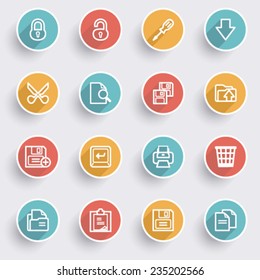 Document icons with color buttons on gray background.