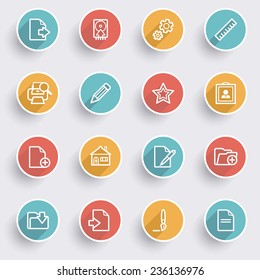 Document icons with color buttons on gray background.