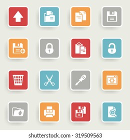 Document icons with color buttons on gray background.