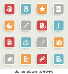 Document icons with color buttons on gray background.