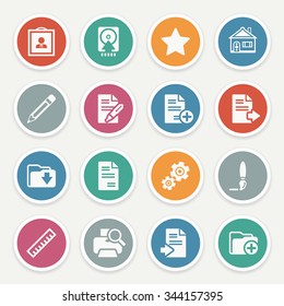 Document icons with color buttons on gray background.