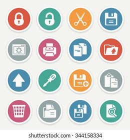 Document icons with color buttons on gray background.