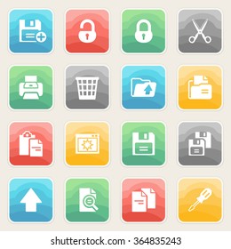Document icons with color buttons on gray background.