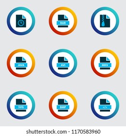 Document icons colored set with file svg, file rar, file archive and other programming language elements. Isolated vector illustration document icons.
