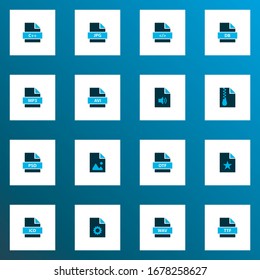 Iconos de documento con conjunto de colores con archivo wav, archivo mp3, archivo favorito y otros elementos zip. Iconos de documento de ilustraciones vectoriales aisladas.
