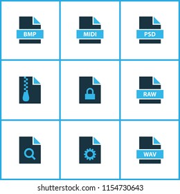 Document icons colored set with search file, file archive, file bmp and other zip elements. Isolated vector illustration document icons.