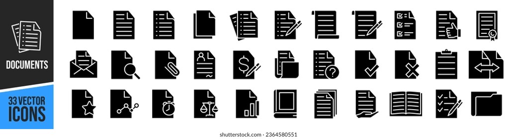 Iconos del documento. Juego de iconos de silueta de contrato.