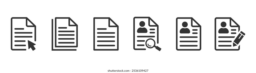 Document icons in different style. Magnifying glass, search information, privacy, document, text, image. Clipboard, checklist, report, survey or agreement editable stroke outline icons set.