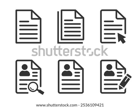 Document icons in different style. Magnifying glass, search information, privacy, document, text, image. Clipboard, checklist, report, survey or agreement editable stroke outline icons set.