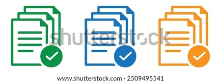 Document icons in different style. Document icons. Different style icons set. Green, blue and orange document icon set. Vector illustration. EPS 10