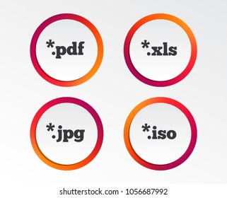 Document icons. File extensions symbols. PDF, XLS, JPG and ISO virtual drive signs. Infographic design buttons. Circle templates. Vector