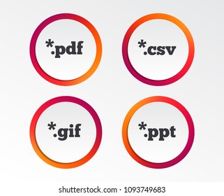 Document icons. File extensions symbols. PDF, GIF, CSV and PPT presentation signs. Infographic design buttons. Circle templates. Vector