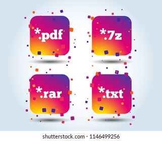 Document icons. File extensions symbols. PDF, RAR, 7z and TXT signs. Colour gradient square buttons. Flat design concept. Vector