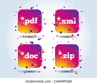 Document icons. File extensions symbols. PDF, ZIP zipped, XML and DOC signs. Colour gradient square buttons. Flat design concept. Vector