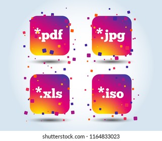 Document icons. File extensions symbols. PDF, XLS, JPG and ISO virtual drive signs. Colour gradient square buttons. Flat design concept. Vector