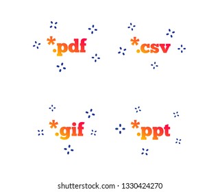 Document icons. File extensions symbols. PDF, GIF, CSV and PPT presentation signs. Random dynamic shapes. Gradient file icon. Vector