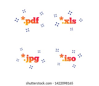 Document icons. File extensions symbols. PDF, XLS, JPG and ISO virtual drive signs. Random dynamic shapes. Gradient document icon. Vector