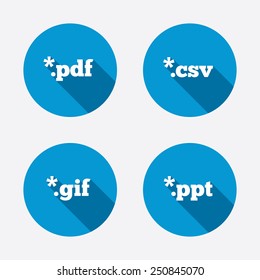 Document icons. File extensions symbols. PDF, GIF, CSV and PPT presentation signs. Circle concept web buttons. Vector