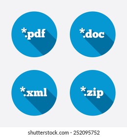 Document icons. File extensions symbols. PDF, ZIP zipped, XML and DOC signs. Circle concept web buttons. Vector