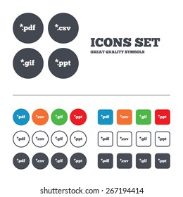 Document icons. File extensions symbols. PDF, GIF, CSV and PPT presentation signs. Web buttons set. Circles and squares templates. Vector