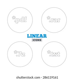 Document icons. File extensions symbols. PDF, RAR, 7z and TXT signs. Linear outline web icons. Vector