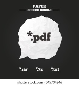 Document icons. File extensions symbols. PDF, RAR, 7z and TXT signs. Paper speech bubble with icon.