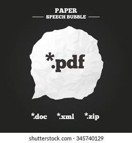 Document icons. File extensions symbols. PDF, ZIP zipped, XML and DOC signs. Paper speech bubble with icon.
