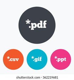 Document icons. File extensions symbols. PDF, GIF, CSV and PPT presentation signs. Circle flat buttons with icon.