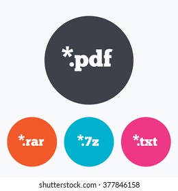 Document icons. File extensions symbols. PDF, RAR, 7z and TXT signs. Circle flat buttons with icon.