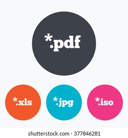 Document icons. File extensions symbols. PDF, XLS, JPG and ISO virtual drive signs. Circle flat buttons with icon.